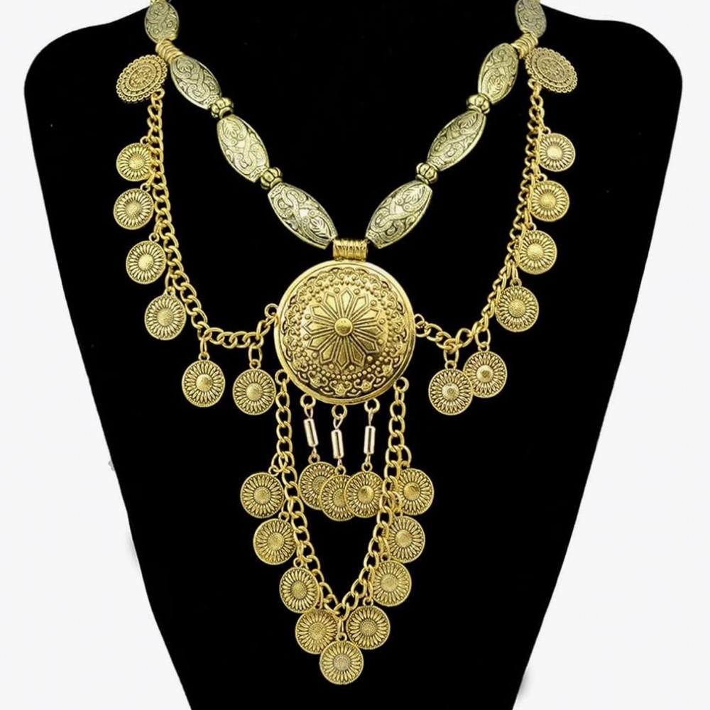 Gold Bohemian Medallion Coin Middle Eastern Necklace 14-22”